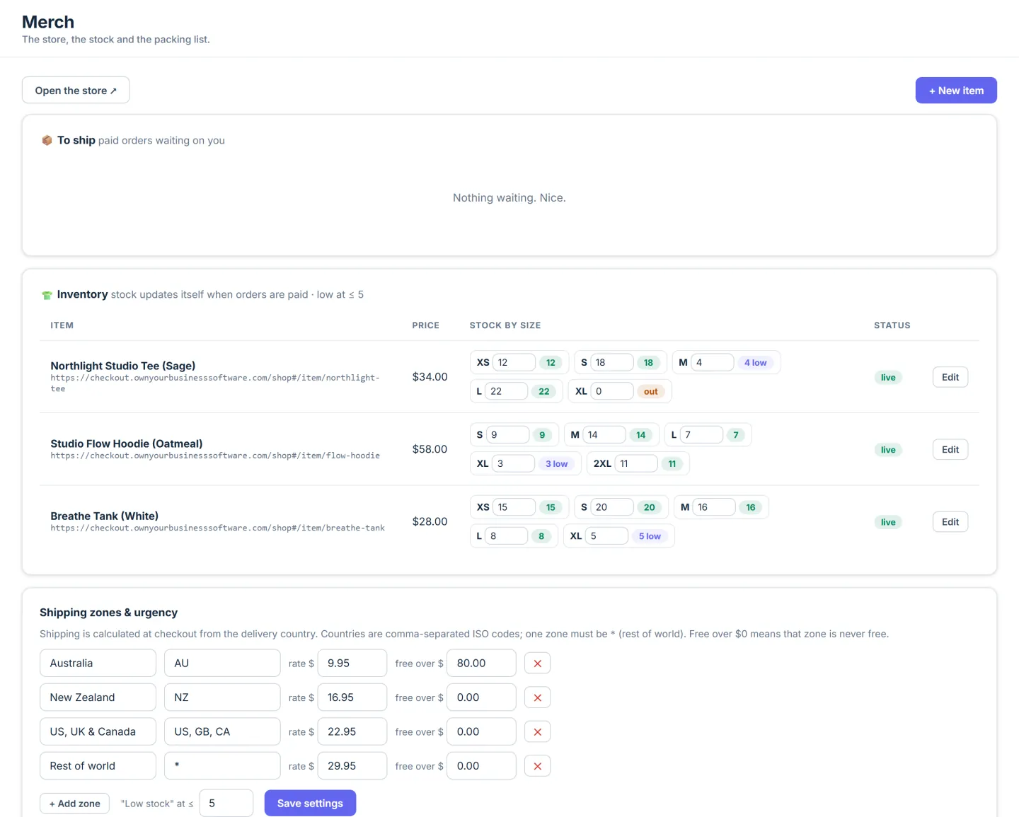 OwnStack store with stock counts and fulfilment flags