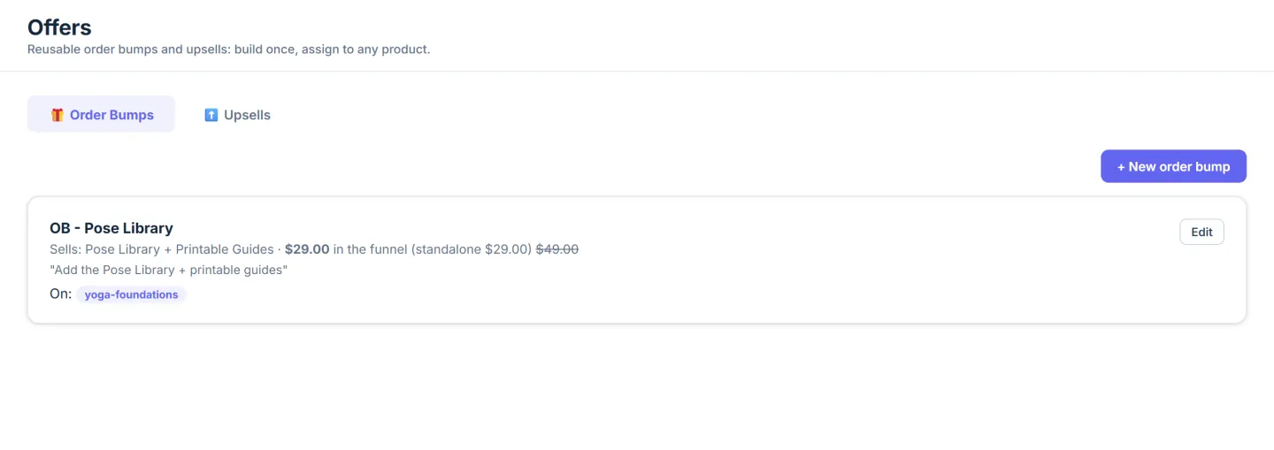 OwnStack Offers screen with reusable order bumps and upsells you build once and assign to any product