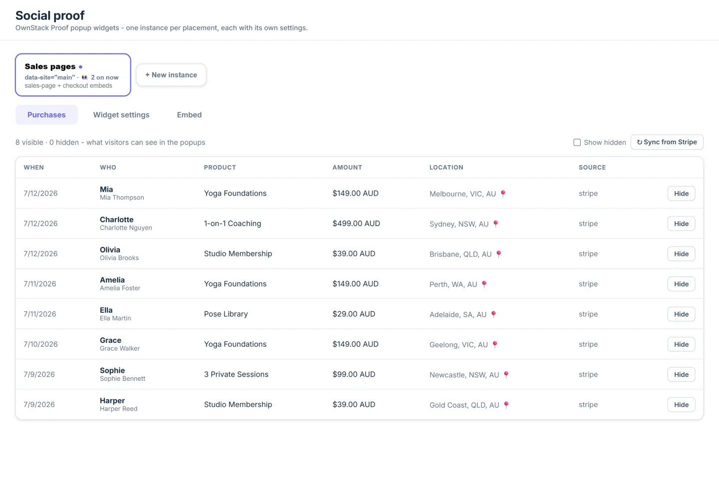 OwnStack social-proof popup on a live sales page