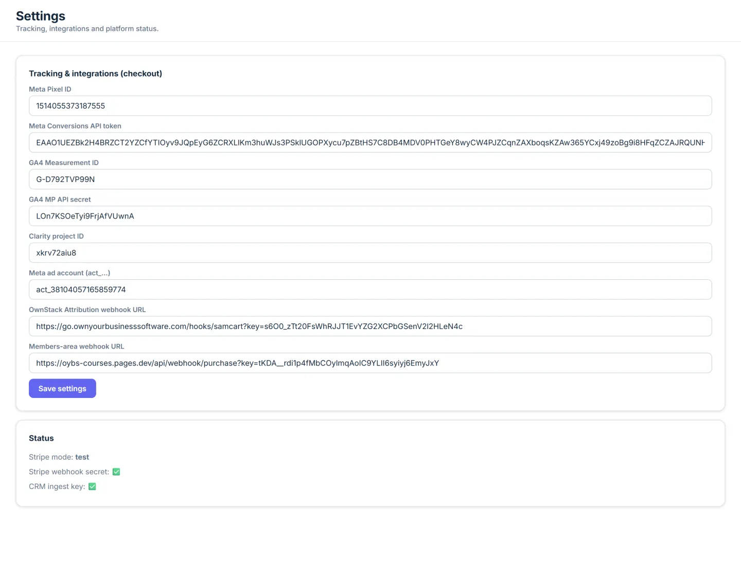 OwnStack server-side tracking settings, Meta and Google tokens