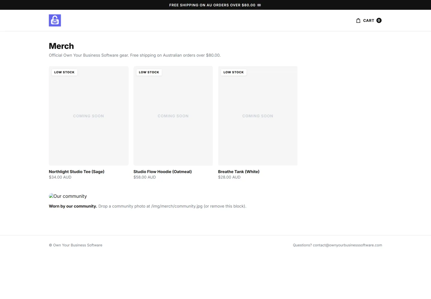 OwnStack online store with product pages and cart
