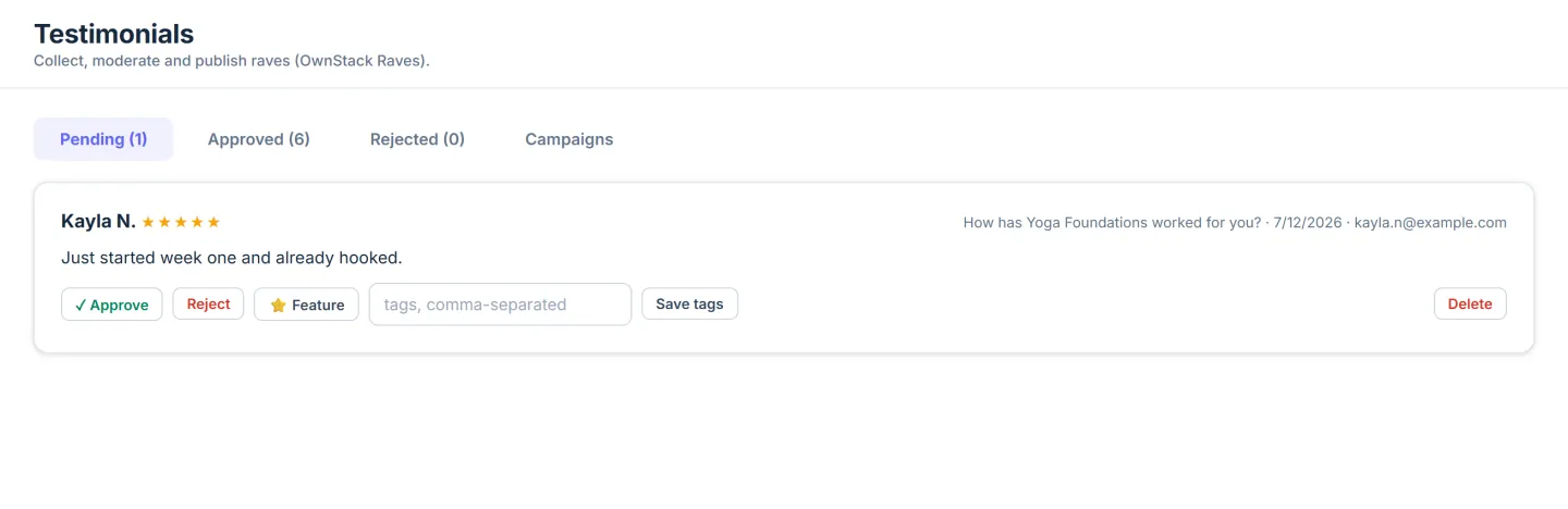 OwnStack testimonial wall and popups